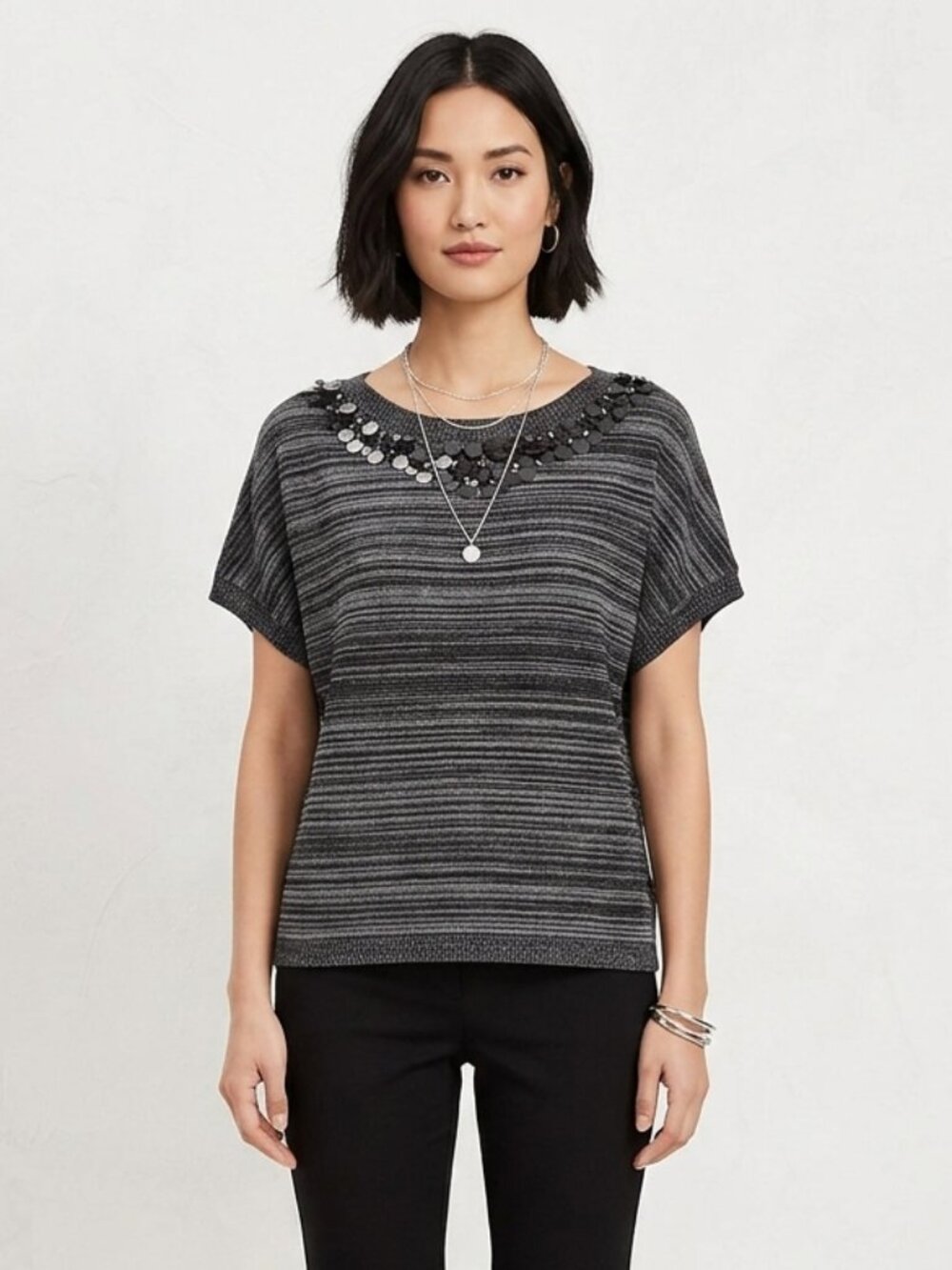 LOFT Striped Knit Short Sleeve Embellished Sequin Neckline Sweater Top Sz S